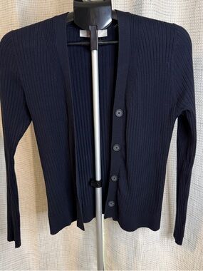 LOFT Navy Ribbed Button-Front Cardigan Sweater